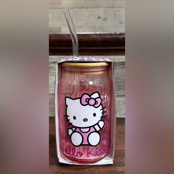 Hello Kitty Glass Tumbler With Bamboo Lid And Glass Straw - NEW - Picture 4 of 7